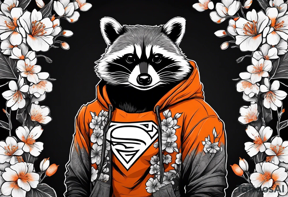 raccoon wearing a black and white Superman hoodie and orange Japanese cherry blossoms tattoo idea