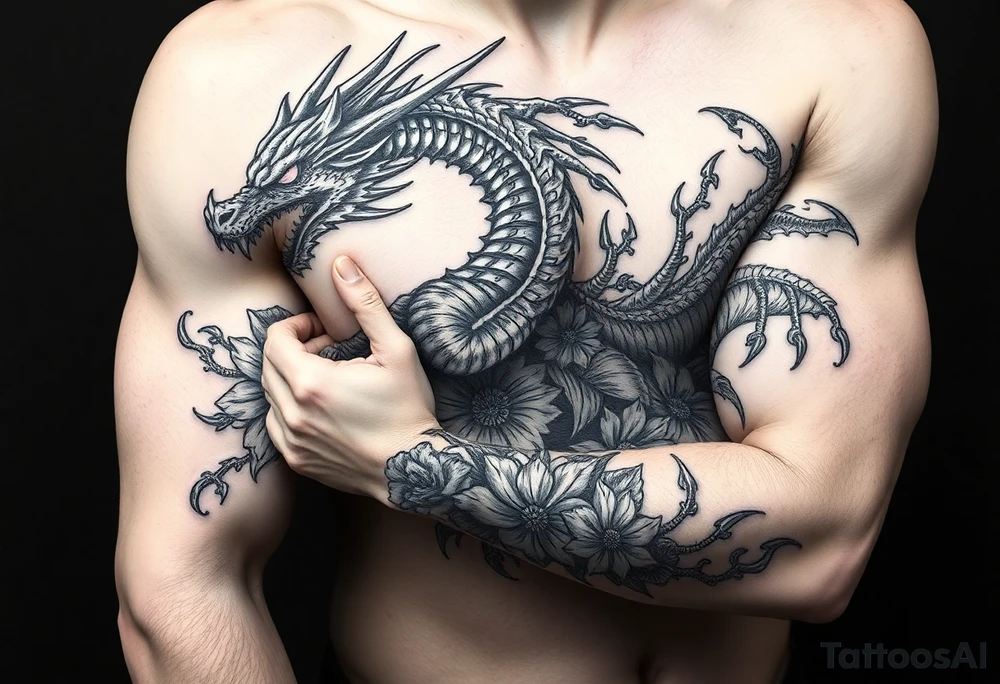 scary dragon with death flowers tattoo idea