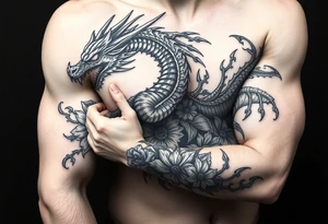 scary dragon with death flowers tattoo idea