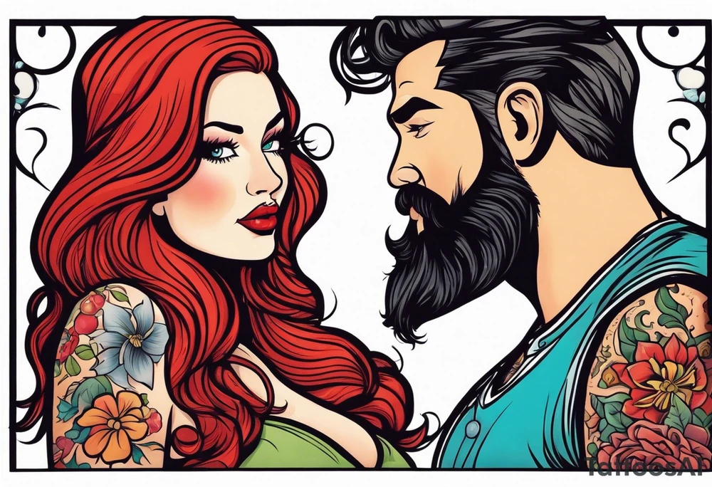 Busty Red haired woman with black haired bearded man tattoo idea