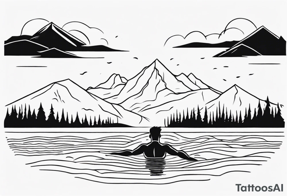 man swimming in lake. minimalist tattoo. No mountains in the background, not a lot of details tattoo idea