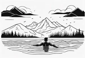 man swimming in lake. minimalist tattoo. No mountains in the background, not a lot of details tattoo idea