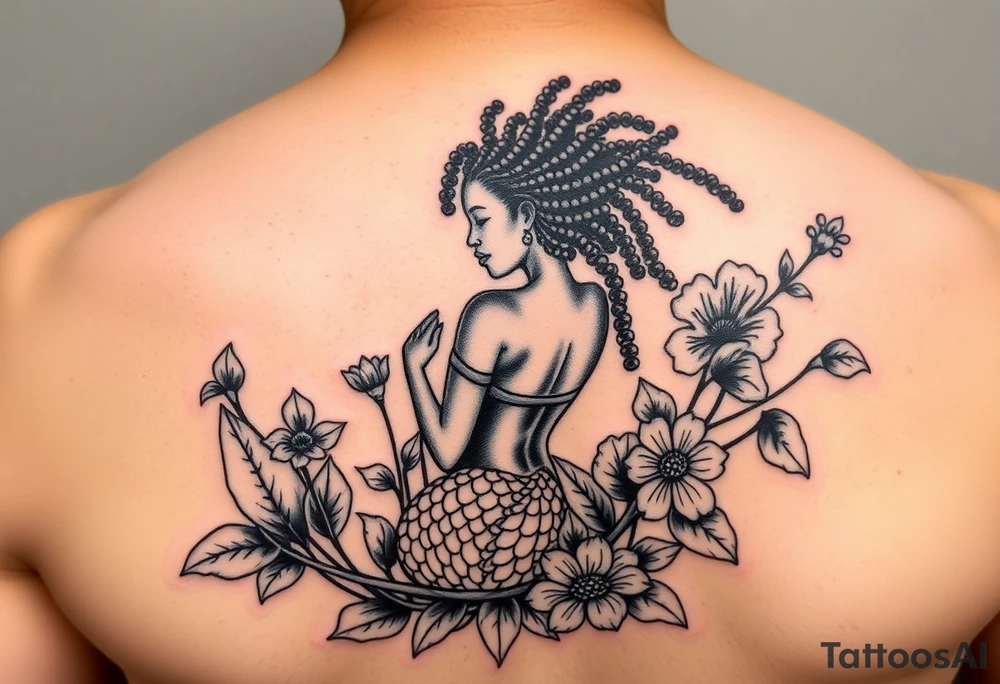 Mermaid, black woman, garden, and flowers, libra, hairstyle of loc include libra symbol tattoo idea