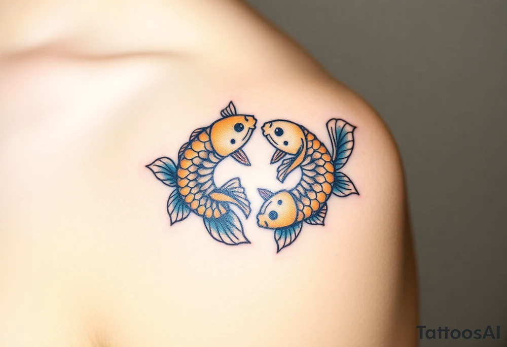 A pair of intertwined carp with flowing fins, resembling the yin-yang symbol, in soft gold and blue hues tattoo idea