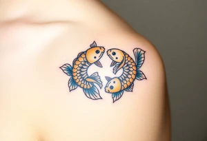 A pair of intertwined carp with flowing fins, resembling the yin-yang symbol, in soft gold and blue hues tattoo idea