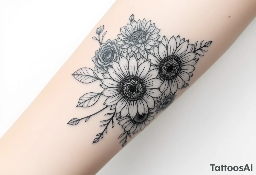 Large floral design with multiple types of flowers including sunflowers tattoo idea