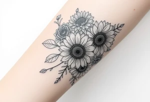 Large floral design with multiple types of flowers including sunflowers tattoo idea