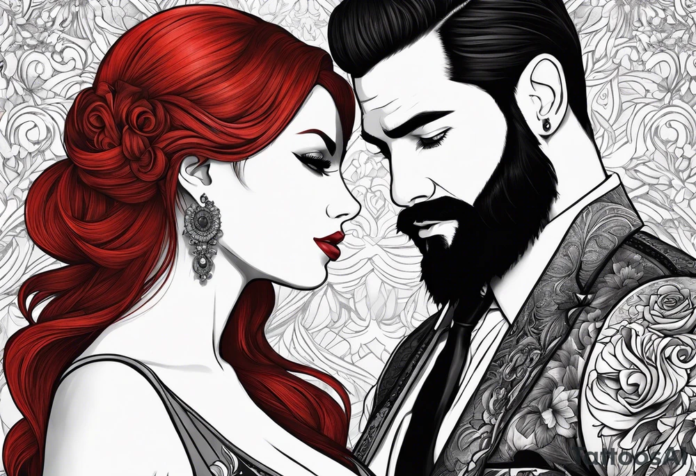 Busty red haired woman with a bearded man who has black hair tattoo idea
