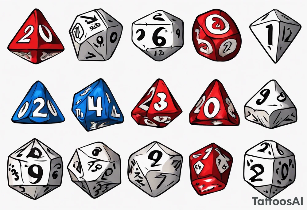A large 20 sided dice with a 20 on top and numbers in the dice tattoo idea