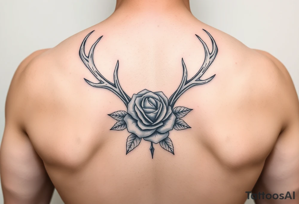 Deer antlers with flower of rose or pétunia tattoo idea