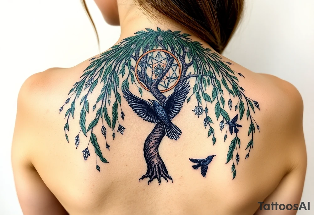 Weeping willow with starry sky background with zodiac constellations in it with runes and ravens tattoo idea