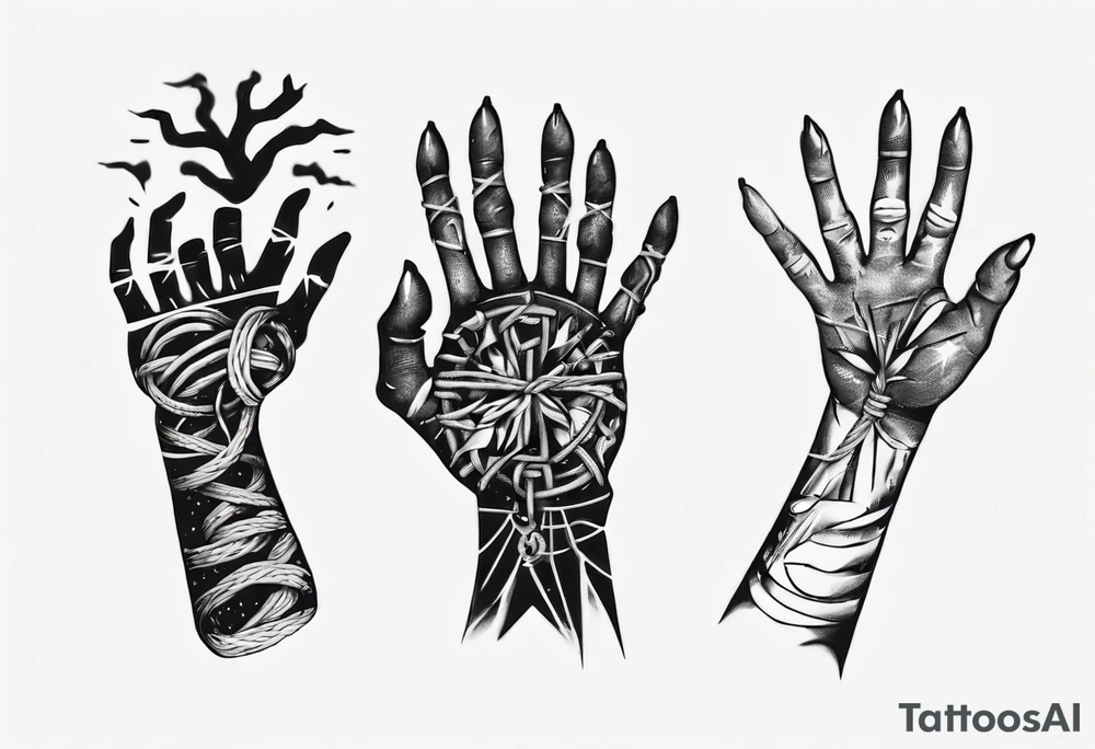 hand with a rope manipulating a human tattoo idea