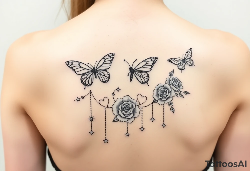 Butterflies, roses, gemstones on chains, stars tattoo idea Butterflies, roses, gemstones on chains, stars tattoo idea