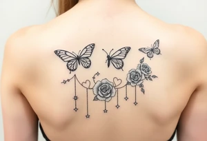 Butterflies, roses, gemstones on chains, stars tattoo idea