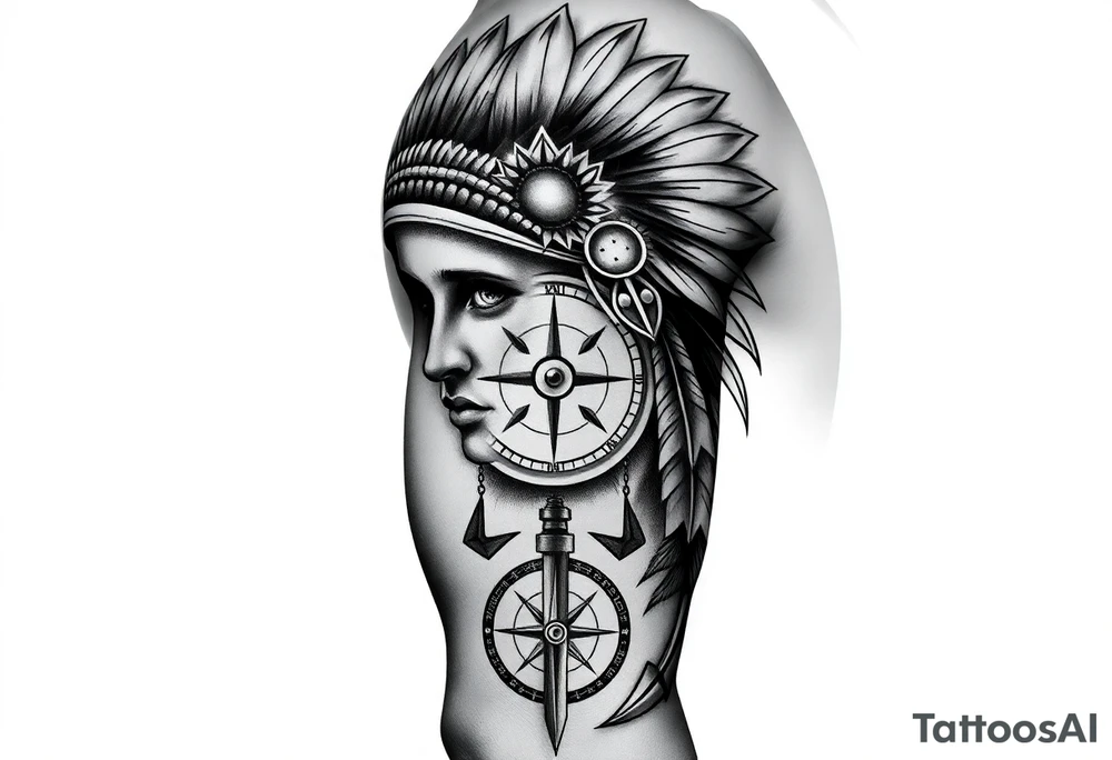 headdress in the sun a compass and a clock and arrowhead tattoo idea