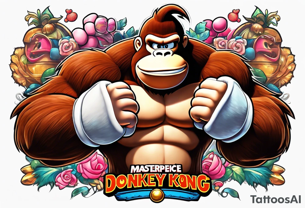 Donkey Kong flexing and holding up sexy Princess Peach tattoo idea