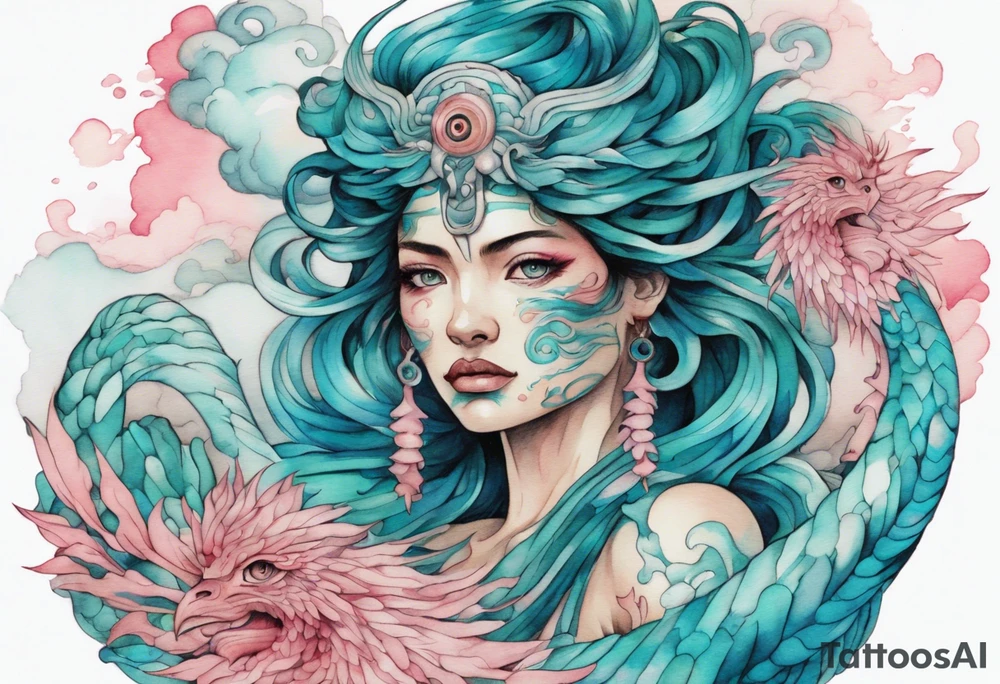 a turquoise and white and pink Quetzalcoatl-woman hybrid with beautiful eyes emerging from the blue waves of the ocean tattoo idea