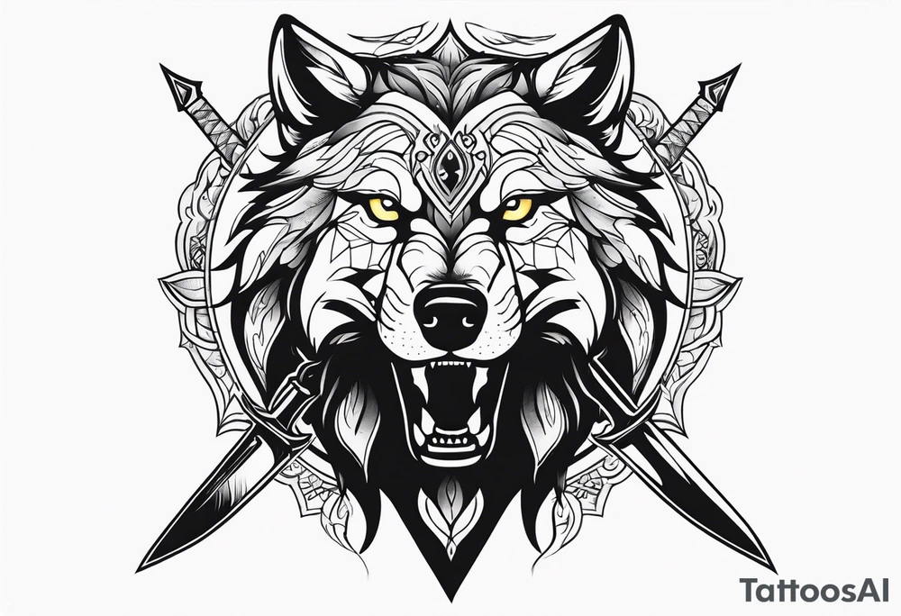 a head of savage wolf with a sword in its mouth tattoo idea