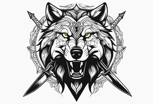 a head of savage wolf with a sword in its mouth tattoo idea