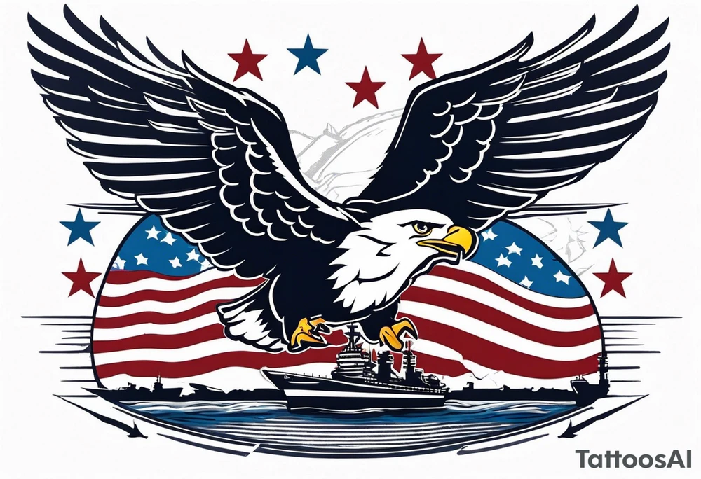 eagle flying in front of aircraft carrier holding American flag in beak tattoo idea