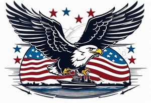 eagle flying in front of aircraft carrier holding American flag in beak tattoo idea