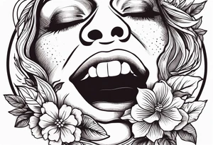 old school traditional vintage style design of lips singing into microphone with vintage flowers surrounding it tattoo idea