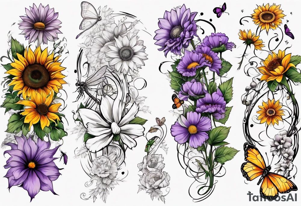 Arm sleeve, sunflowers, dragonflies, three cosmos flower, one violet, one carnation, vines , leaves and butterflies tattoo idea