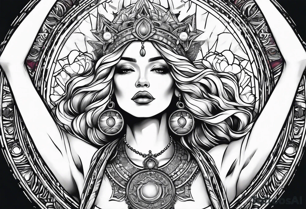Woman , hands above her head, holding orb of creation tattoo idea