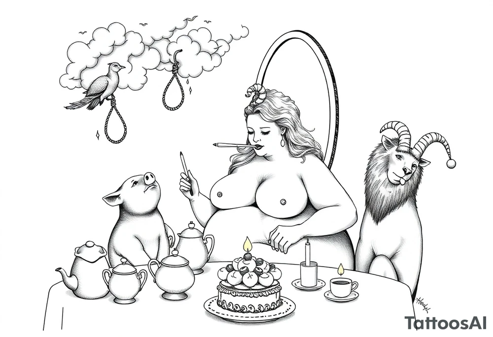 naked fat lady having a tea party with tea pots and 
with a pig, peacock, noose, lion, goat, smoking cigerettes looking in the mirror having sex with a man eating a cake thru storm clouds with knife and broken hearts and darkness and wrath, envy , gluttony, greed, sloth, pride tattoo idea