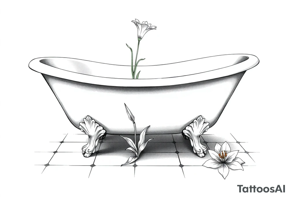 Clawfoot bathtub with lily coming up from tile floor tattoo idea
