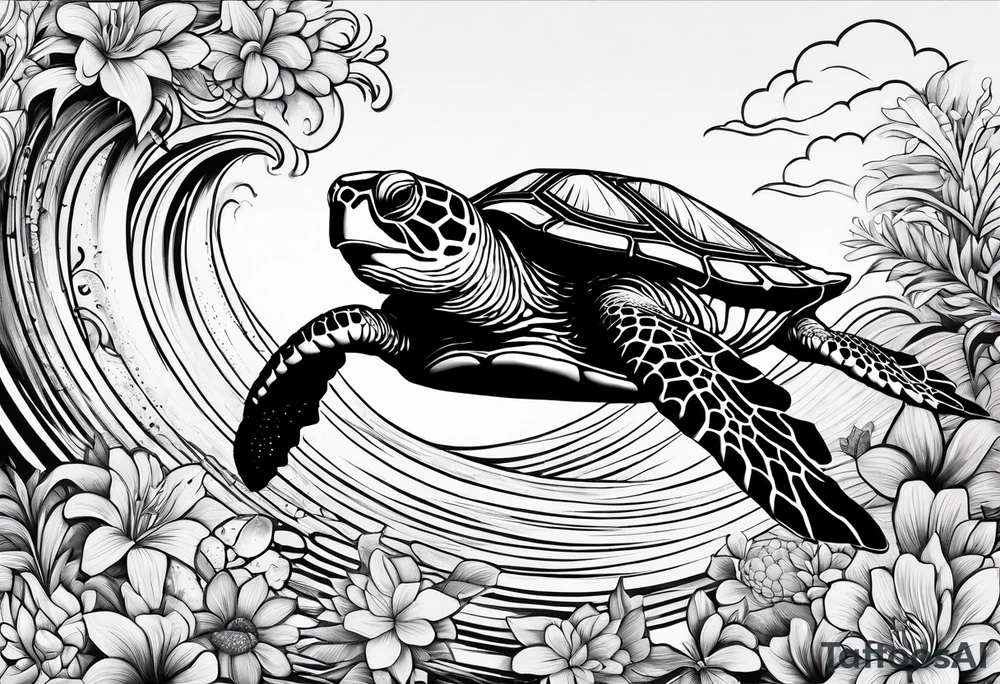 wave, turtle, flower, palm tattoo idea