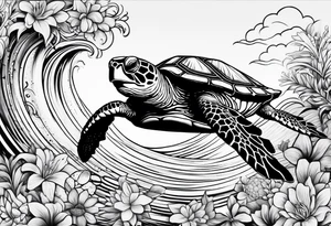 wave, turtle, flower, palm tattoo idea