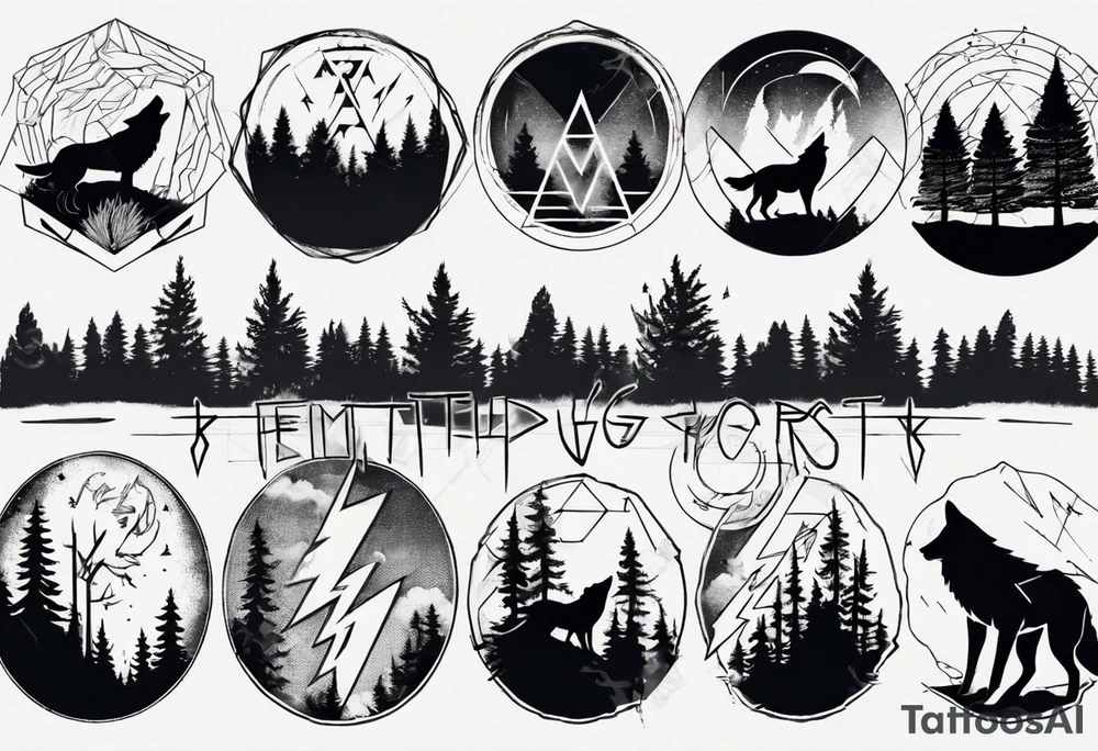lightning over forest with wolf howling tattoo idea