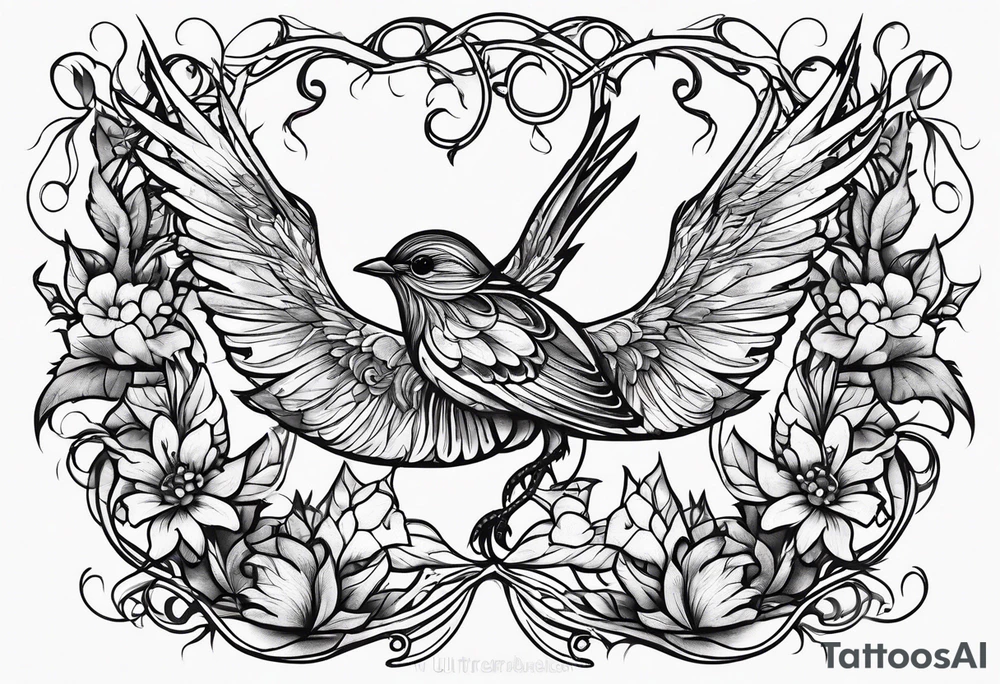 Thin line birds and vines tattoo idea