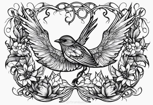 Thin line birds and vines tattoo idea