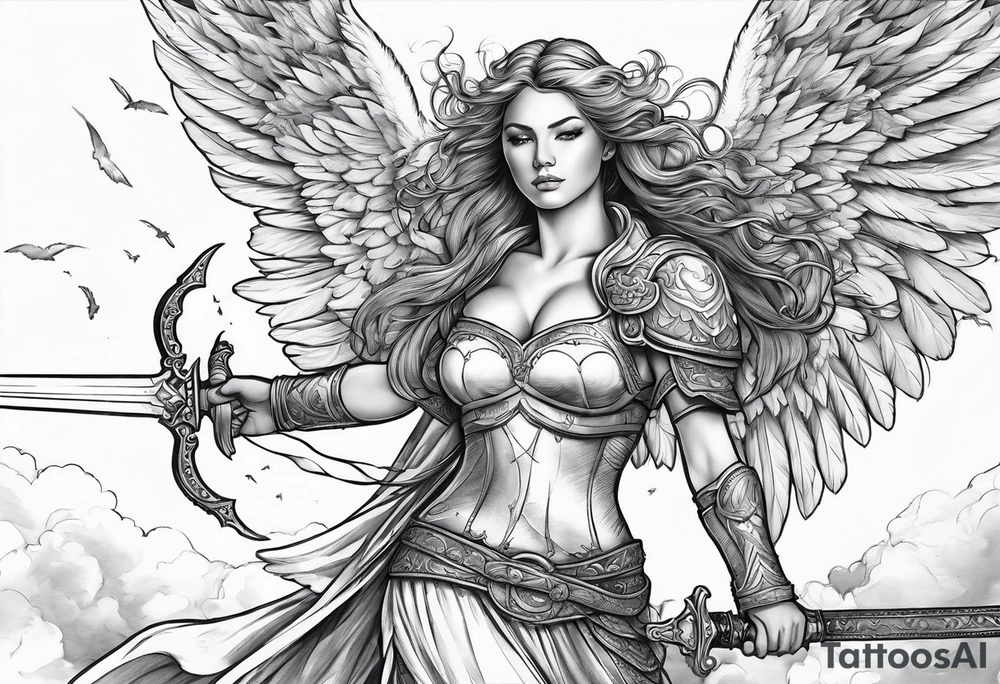 female angel with sword flying in the sky tattoo idea