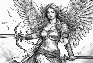 female angel with sword flying in the sky tattoo idea