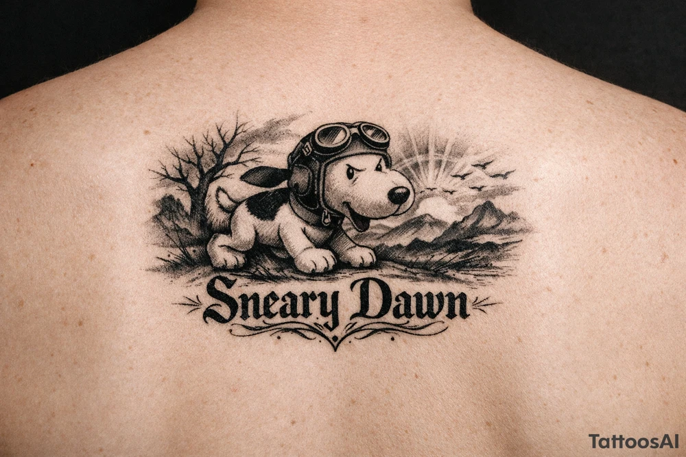 Little snoopy with saying Sneary Dawn tattoo idea