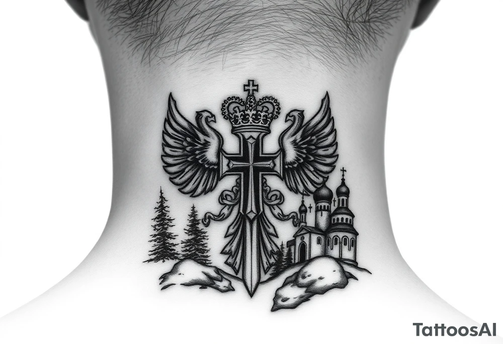 russian coat arms in a russian christian orthodox cross with the cross in the middle with a virgin mary & orthodox dome church on the side of the neck in a wilderness setting tattoo idea