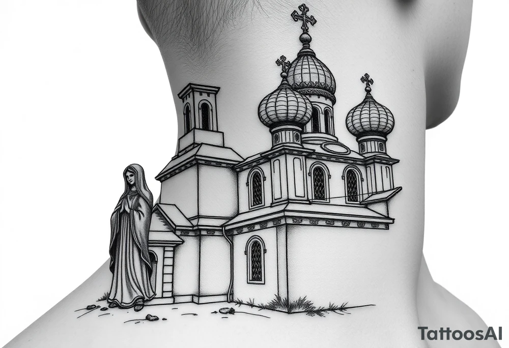 medium sized Russian orthodox church with bulb domes with a prominent russian orthodox style virgin mary stood outside to the left tattoo idea