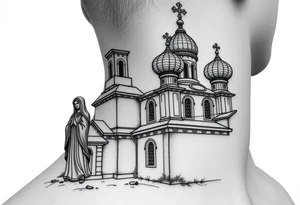 medium sized Russian orthodox church with bulb domes with a prominent russian orthodox style virgin mary stood outside to the left tattoo idea