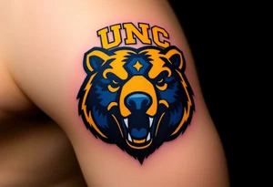 University of Northern Colorado bear mascot  head with Navy blue and yellow with UNC lettering Above head tattoo idea