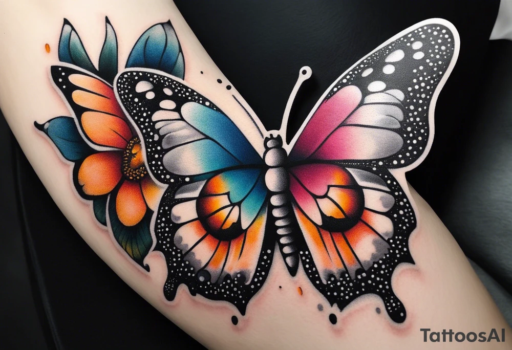 A vibrant butterfly with colorful wings, resting on a flower, showcasing transformation and beauty.” tattoo idea