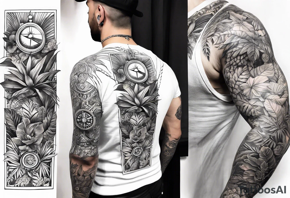 full sleeve tattoo with jungle plants, eye compass tattoo idea