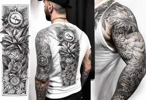 full sleeve tattoo with jungle plants, eye compass tattoo idea