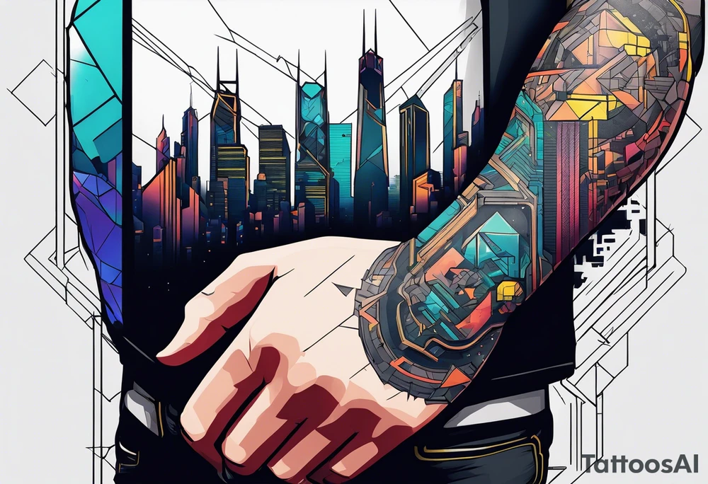 cyberpunk 2077, forearm tattoo, geometric, subtle, men, city skyline, 4k tattoo idea