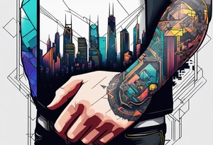 cyberpunk 2077, forearm tattoo, geometric, subtle, men, city skyline, 4k tattoo idea