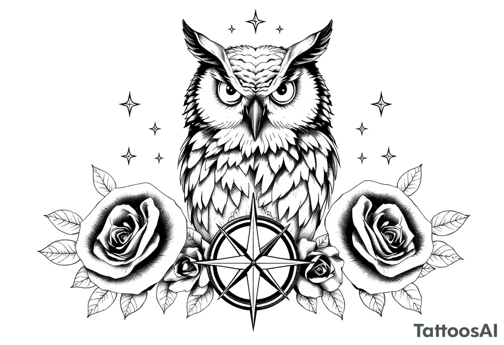 an owl,compass,roses,stars. tattoo idea