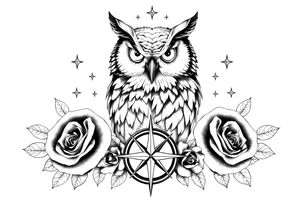 an owl,compass,roses,stars. tattoo idea