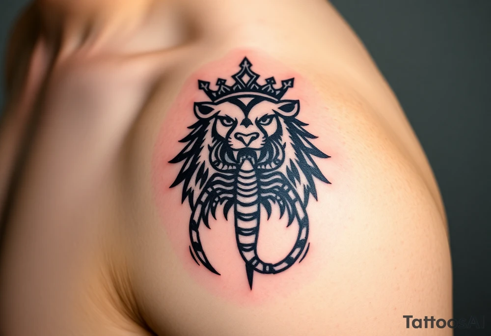 a powerful and majestic lion with a crown and in the middle of this crown , a realistic scorpion, tattoo idea